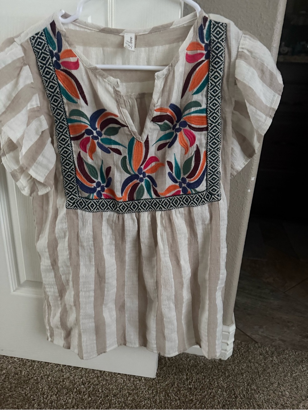 Embroidered Cream Stripe Peasant Blouse with Multicolor Floral Yoke